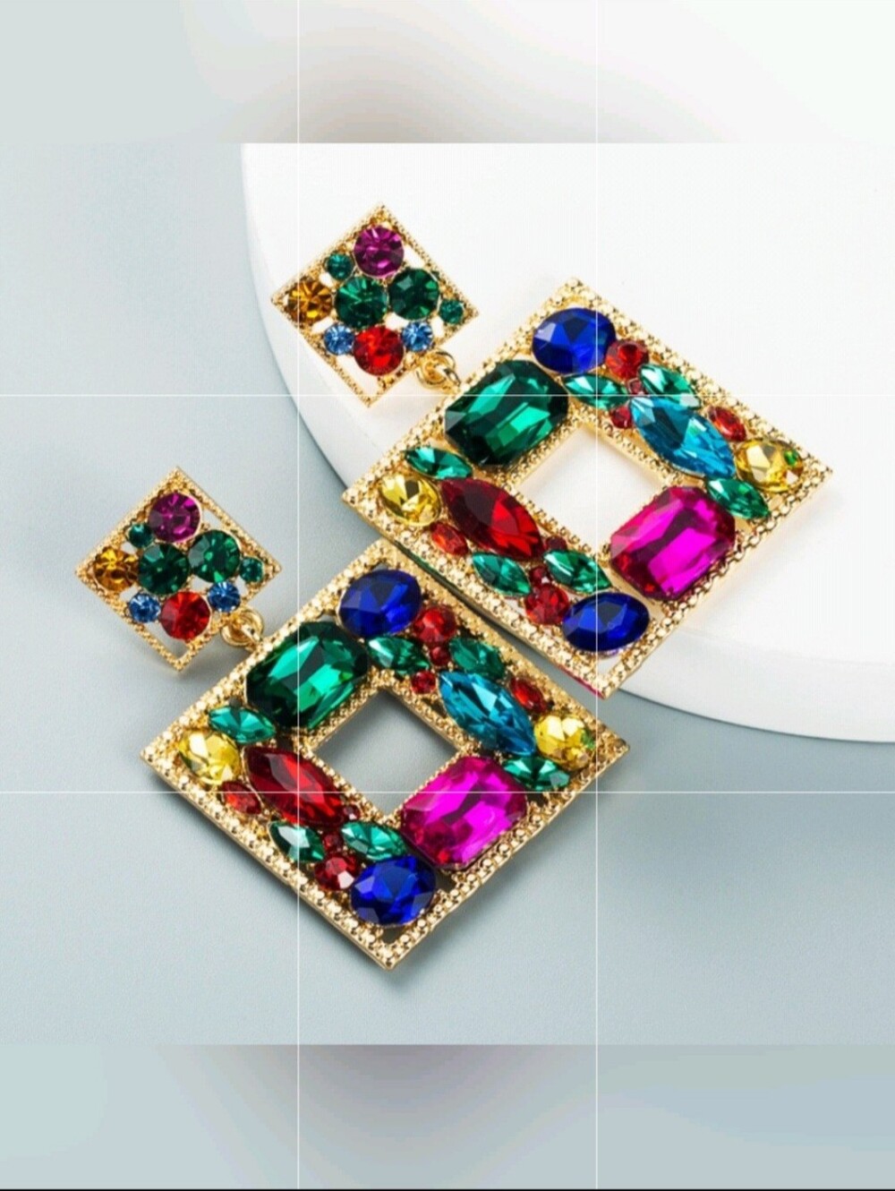 Jewel Tone Rhinestone Geometric Statement Earrings - Picture 8 of 11